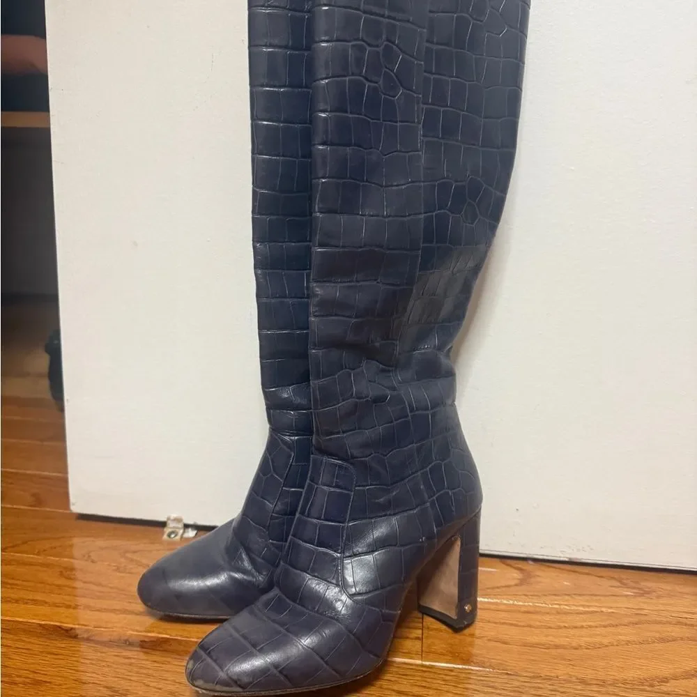Kate Spade Black Croc-Embossed Over the Knee Boots
